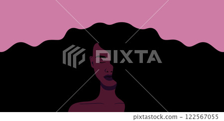 Beautiful African female with long flowing hair beauty banner. Woman with long black hair. Banner for beauty salon, hair salon, Womens Day Beautiful African female with long flowing hair beauty banner. Woman with long black hair. Banner for beauty salon, hair salon, Womens Day 122567055