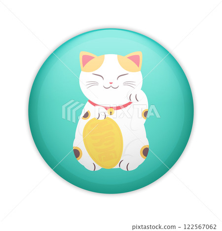 Japanese beckoning cat Maneki neko glossy pin badge. Lucky cat with a raised paw. Symbol of wealth and luck Japanese beckoning cat Maneki neko glossy pin badge. Lucky cat with a raised paw. Symbol of wealth and luck 122567062