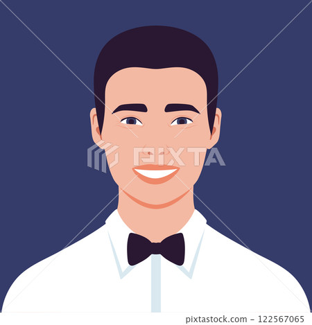 Portrait of a happy smiling young man in a shirt with bow tie. Avatar for social media. Vector illustration Portrait of a happy smiling young man in a shirt with bow tie. Avatar for social media. Vector illustration 122567065