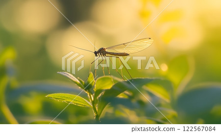 Crane fly resting on green leaves in sunlight 122567084