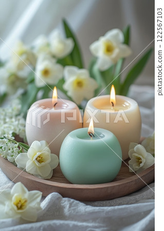 Soft pastel candles glowing on a round wooden tray, accented with daffodils and gentle spring light 122567103