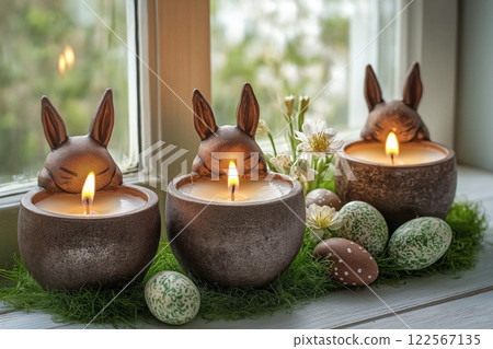 Bunny-shaped candle holders glowing warmly, surrounded by greenery, floral accents, and Easter eggs 122567135
