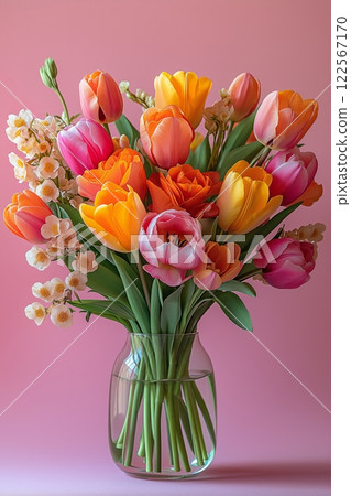 A vibrant bouquet of tulips in pink, orange, and yellow, arranged in a glass vase against a pink background 122567170