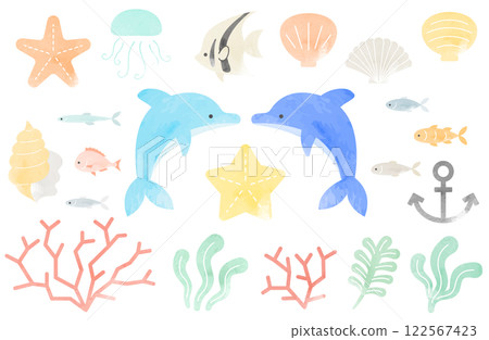Watercolor sea creatures vector illustration: dolphin, starfish, snail, jellyfish, coral, seaweed, tropical fish, anchor, aquarium Watercolor sea creatures vector illustration: dolphin, starfish, snail, jellyfish, coral, seaweed, tropical fish, anchor, aquarium 122567423