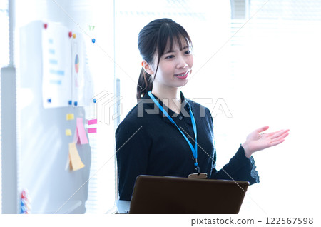 Young businesswoman giving a presentation using a whiteboard 122567598
