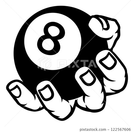 Mascot Person Hand Holding Pool Billiards 8 Ball 122567606