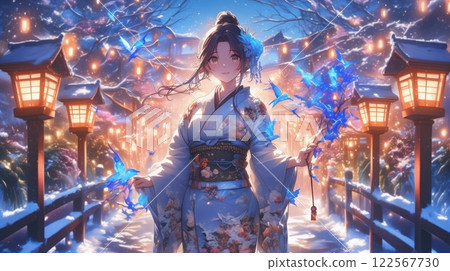 Anime girl in kimono shining at winter night festival 122567730