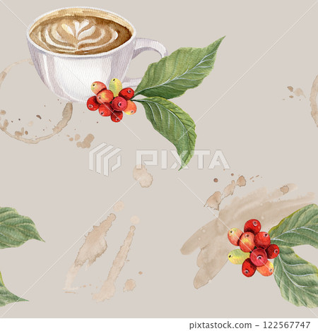 Watercolor seamless pattern with coffee cup, coffee bean branches and coffee stains on beidge background Watercolor seamless pattern with coffee cup, coffee bean branches and coffee stains on beidge background 122567747