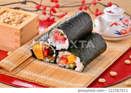 Image of Setsubun ehomaki and lucky beans. Lucky charm, protection from misfortune, February event. 122567811