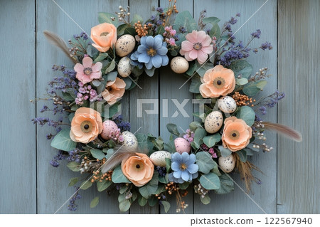 A delicate wreath with eucalyptus leaves, peach and blue flowers, speckled eggs, and lavender accents 122567940