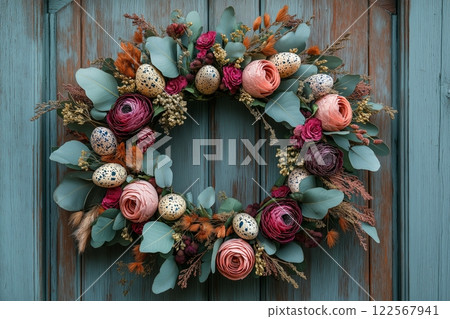 A vibrant wreath of pink and burgundy ranunculus, speckled eggs, and eucalyptus on a rustic backdrop 122567941