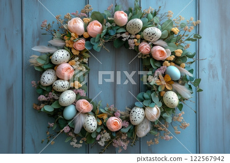 A rustic Easter wreath decorated with peach roses, speckled eggs, and soft pastel accents 122567942