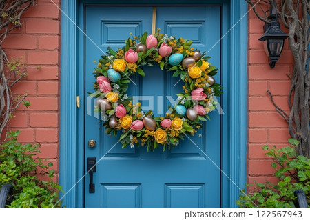 A cheerful wreath with pink tulips, yellow roses, colorful eggs, and lush greenery on a blue door 122567943