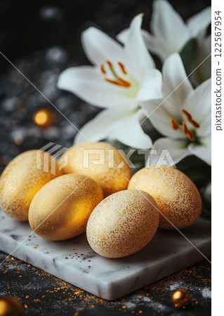 Golden eggs resting on a marble slab, accompanied by elegant white lilies and subtle sparkling accents Golden eggs resting on a marble slab, accompanied by elegant white lilies and subtle sparkling accents 122567954