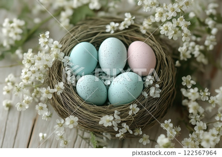 Soft pastel eggs arranged in a natural grass nest surrounded by small white cherry blossoms Soft pastel eggs arranged in a natural grass nest surrounded by small white cherry blossoms 122567964