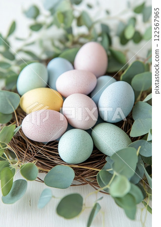 Soft pastel eggs arranged in a rustic nest with eucalyptus leaves, creating a serene and natural vibe 122567965