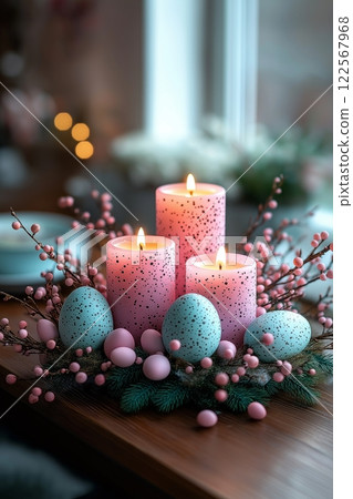 Pastel speckled eggs, glowing pink candles, and berry branches create a cozy and festive table setting 122567968