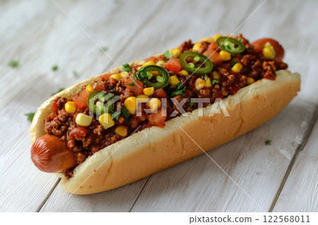 Mexican hot dog with jalapeno,sauce and corn on white wooden table 122568011