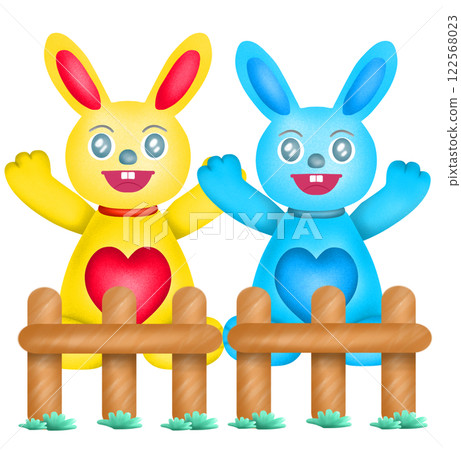 cute yellow and blue rabbit with fence 122568023