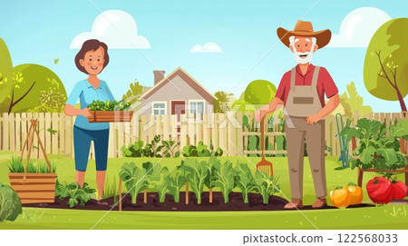 Senior couple enjoying harvesting in their vegetable garden 122568033