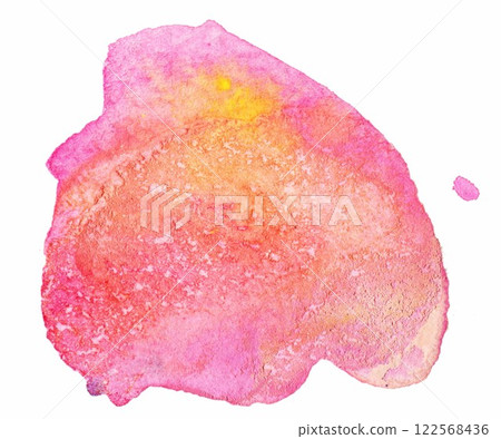 A vibrant splash of pink and orange watercolor blending harmoniously, creating a soft, abstract design that evokes warm feelings of a sunset at the beach 122568436