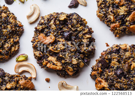 Healthy quinoa cookies with nuts and chocolate. Healthy quinoa cookies with nuts and chocolate. 122568513