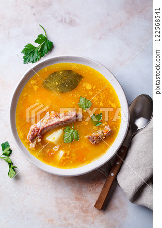 Split pea soup with smoked ribs. 122568541