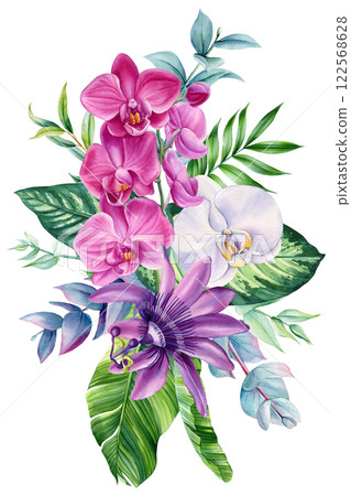 Vibrant Pink, White Orchids, Passionflower, Eucalyptus Leaves. Tropical watercolor floral botanical illustration design Vibrant Pink, White Orchids, Passionflower, Eucalyptus Leaves. Tropical watercolor floral botanical illustration design 122568628
