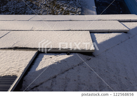 Snow-covered solar panels on a rooftop illuminated by sunlight, with a frosty backyard visible in the background. 122568656