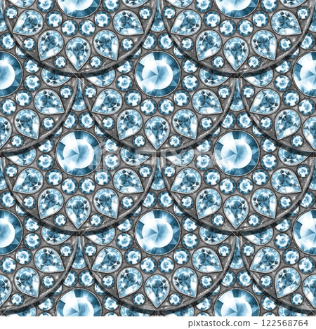 Seamless decorative pattern of silver scales with blue gems, jewelry background. Seamless decorative pattern of silver scales with blue gems, jewelry background. 122568764