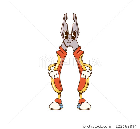 Cartoon groovy pliers character or work tool for DIY construction and repair, vector funny personage. Groovy pliers tool cartoon character with face and cute smile for DIY repair and construction tool 122568884