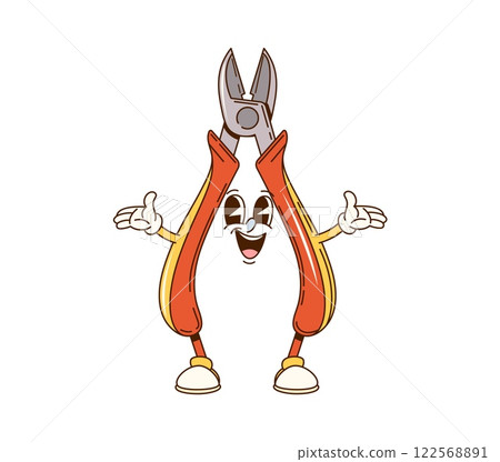 Cartoon groovy wire cutters character for DIY or repair tool, vector comic personage. Groovy wire cutters or pliers tool cartoon character with funny face and happy smile, construction and DIY tool 122568891