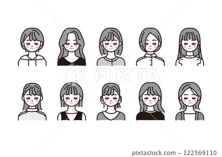 Upper body icon set of a young woman with her eyes closed_black and white Upper body icon set of a young woman with her eyes closed_black and white 122569110