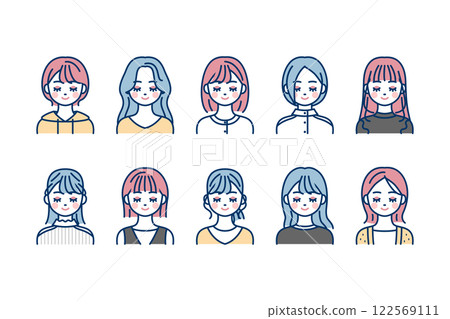 Upper body icon set of a young woman with her eyes closed_color Upper body icon set of a young woman with her eyes closed_color 122569111