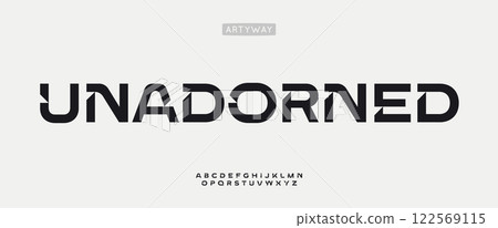 Unadorned geometric font, modern wide letters with angular cuts and rounded elements. Innovative alphabet for sci-fi headline, science logo, sport or architecture, technology branding. Vector typeset 122569115