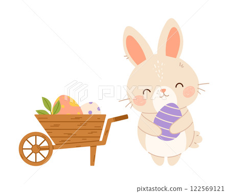 Easter bunny rabbit with wheelbarrow of eggs. Flat vector isolated illustration 122569121