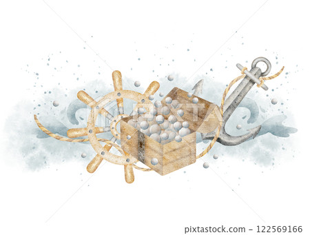 Anchor steering wheel of the ship chest bubbles waves splashes on watercolor spot. Illustration is hand drawn. Marine composition on white design of children's cards posters invitations dishes clothes Anchor steering wheel of the ship chest bubbles waves splashes on watercolor spot. Illustration is hand drawn. Marine composition on white design of children's cards posters invitations dishes clothes 122569166