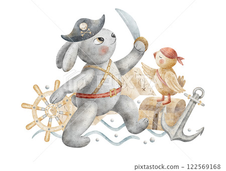 Watercolor composition of hare pirate, parrot sailor, anchor, ship's rudder, map. Illustration of rabbit drawn by hand. Isolate white for design of children's cards posters invitations dishes clothes Watercolor composition of hare pirate, parrot sailor, anchor, ship's rudder, map. Illustration of rabbit drawn by hand. Isolate white for design of children's cards posters invitations dishes clothes 122569168
