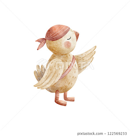 Parrot pirate captain's assistant. Watercolor illustration isolated on white, Bird hand drawn in cartoon style for design of children's cards, posters, tableware, clothes, invitations, stickers 122569233