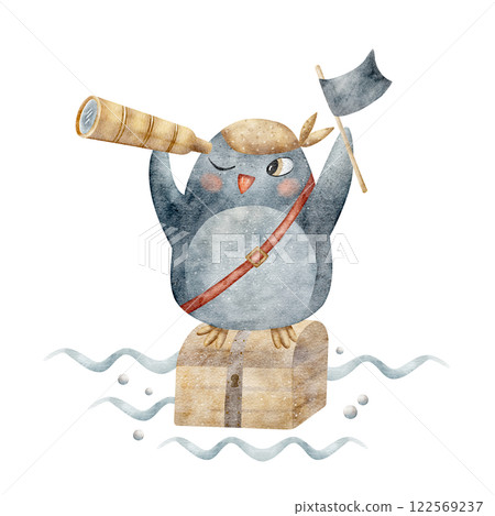 Watercolor composition penguin pirate stands on a chest and holds a spyglass. Marine illustration on white for shower design, bathroom, baby products, cosmetics, labels, poster, postcard, clothes Watercolor composition penguin pirate stands on a chest and holds a spyglass. Marine illustration on white for shower design, bathroom, baby products, cosmetics, labels, poster, postcard, clothes 122569237