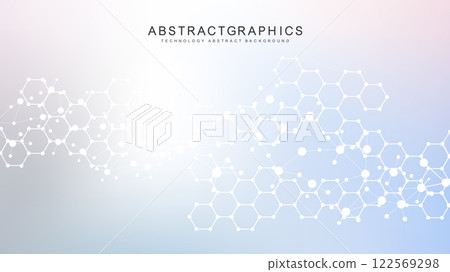 Modern scientific background with hexagons, lines and dots. Wave flow abstract background. Molecular structure for medical, technology, chemistry, science. Vector illustration 122569298