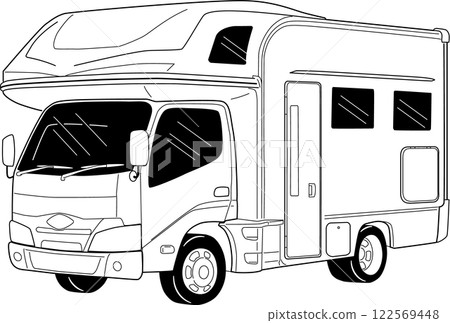 Monochrome line drawing illustration of a forward-facing camper van 122569448