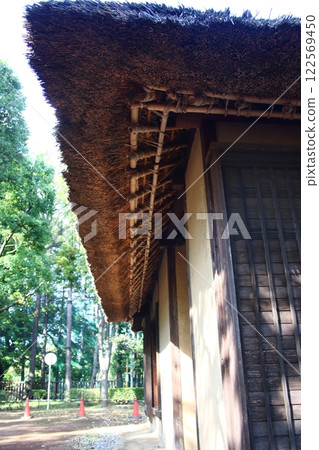 Under the eaves of a thatched roof 122569450