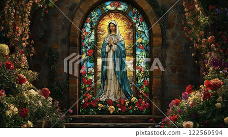 Church with stained glass AI image Church with stained glass AI image 122569594