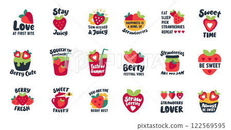 Collection of Hand-Drawn Strawberry Themed Badges and Emblems with Fruits and Sweet Elements in minimalist design Collection of Hand-Drawn Strawberry Themed Badges and Emblems with Fruits and Sweet Elements in minimalist design 122569595