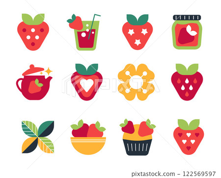 Strawberry Mood Icons. Modern Fruits with Sweet Elements in an Abstract Design, Geometric Style 122569597