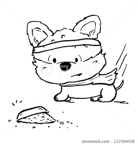 Cute dog spill out food cartoon outline drawing, naughty puppy comic doodle illustration 122569598