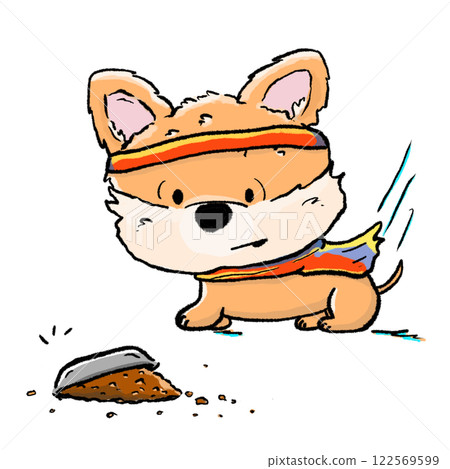 Cute dog spill out food cartoon comic color drawing, naughty puppy and dog food cartoon illustration 122569599