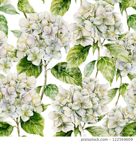 Watercolor meadow flowers seamless pattern of hydrangea. Hand-drawn wildflowers composition isolated on white background. Holiday floral Illustration for design, print, fabric, background. Watercolor meadow flowers seamless pattern of hydrangea. Hand-drawn wildflowers composition isolated on white background. Holiday floral Illustration for design, print, fabric, background. 122569609