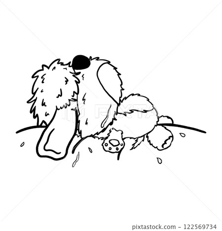 Fluffy dog sleeping outline doodle illustration, furry puppy doll cute comic drawing 122569734